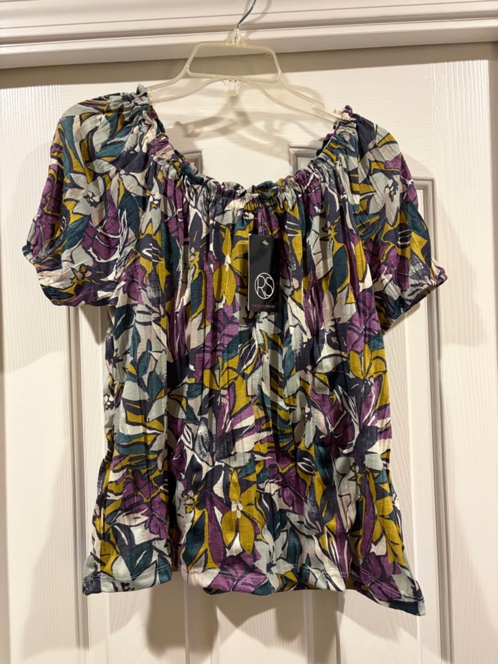 RS by Roselyn Sanchez Floral Short Sleeve Top - Purple/Green/White M NWT